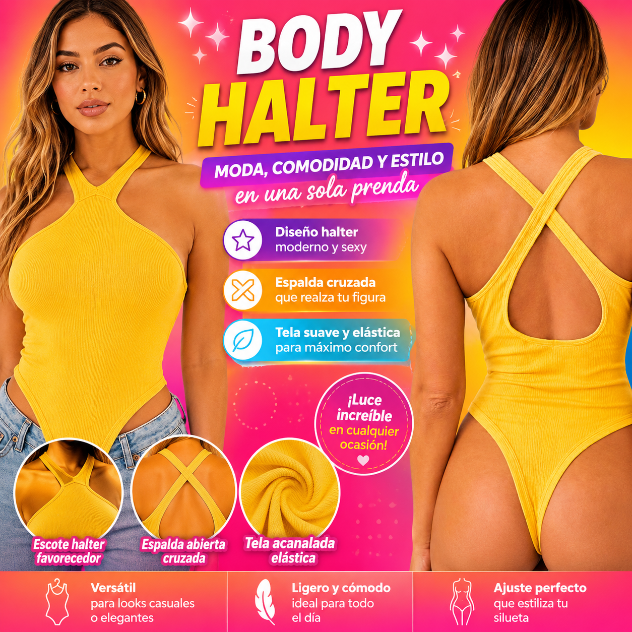 Body Deportivo Amarillo Punto con Cuello Halter y Espalda Cruzada –