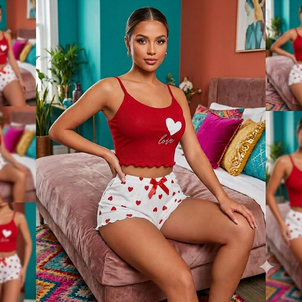 Set de Pijama 2pz Short y Top, Rojo,Lenceria Sexy