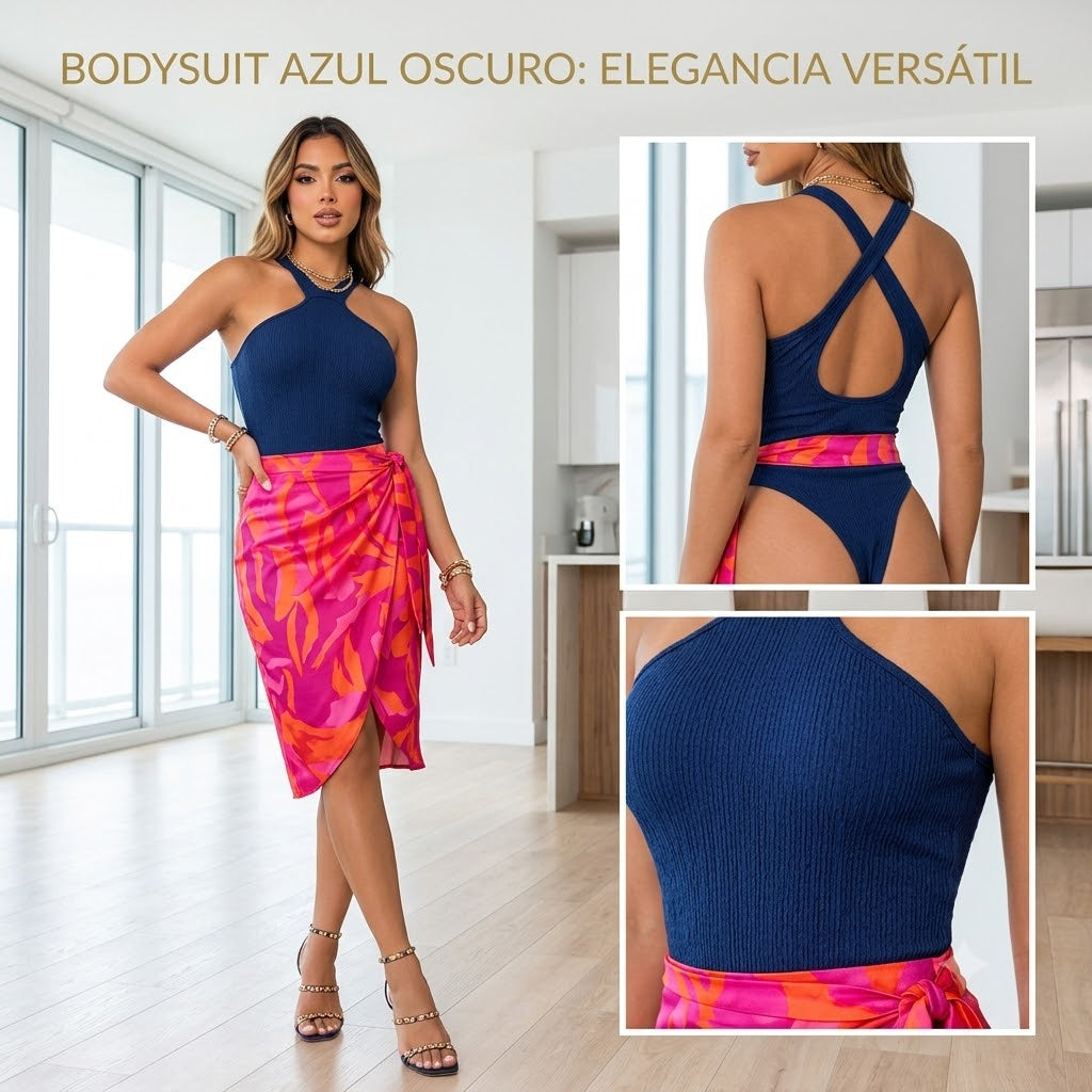 Body Deportivo Azul Oscuro. Punto con Cuello Halter y Espalda Cruzada –
