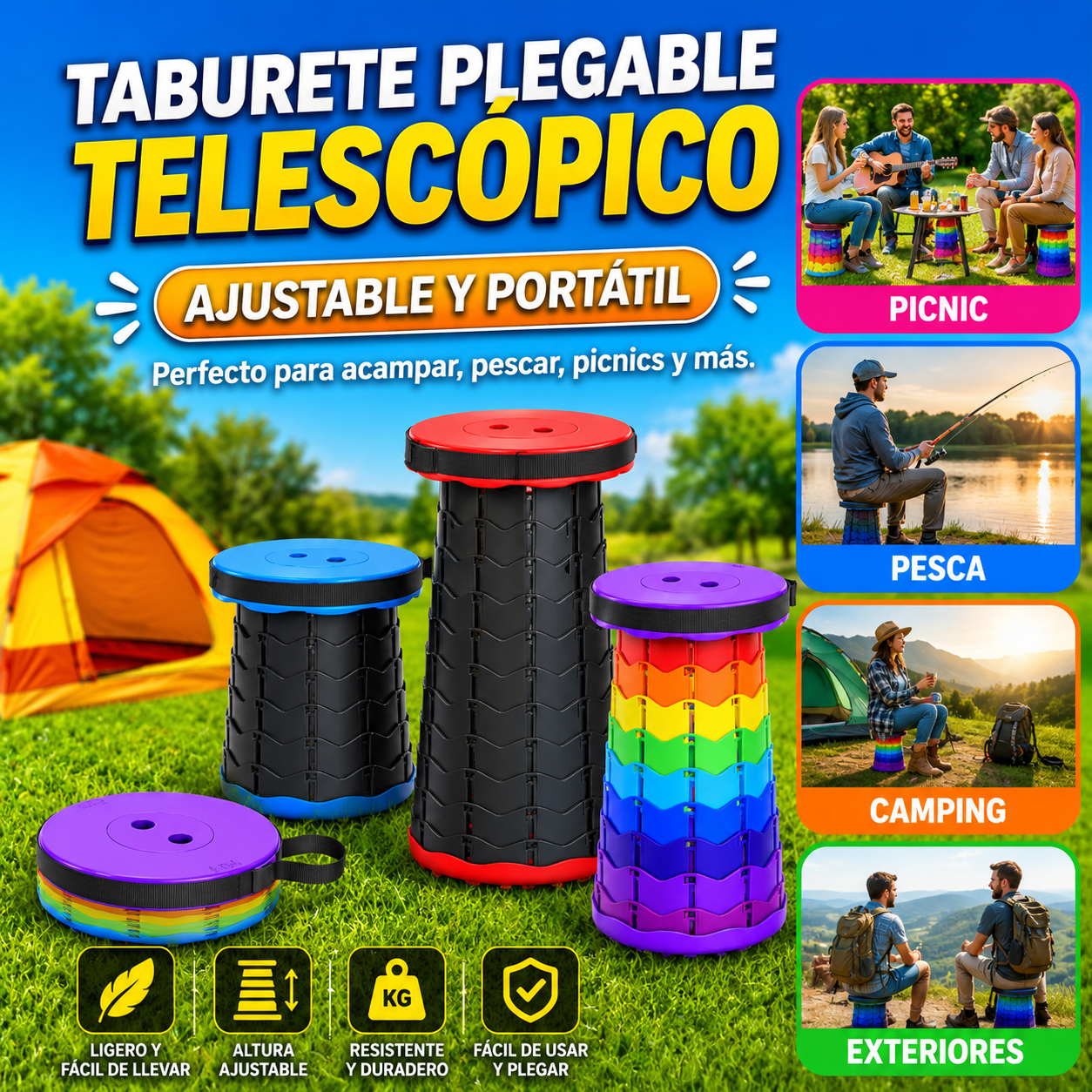Taburete Plegable Telescopico, Ajustable Y Portatil