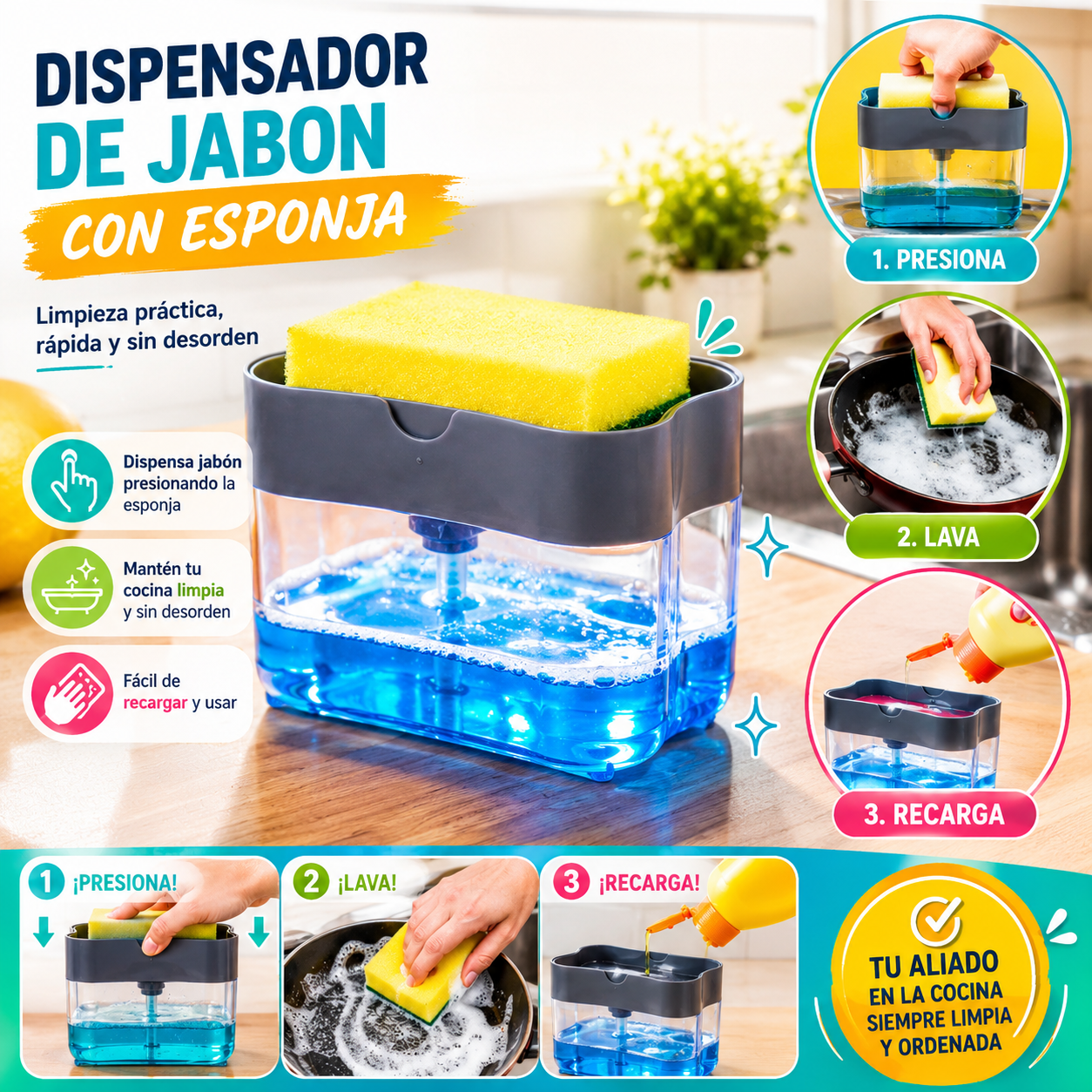 Dispensador de Javon de Cocina 2 en 1 con Esponja incluida